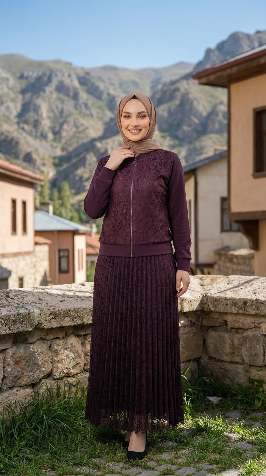 Armine TREND Krep Kombinli Güpürlü Takım Mürdüm 25KT670