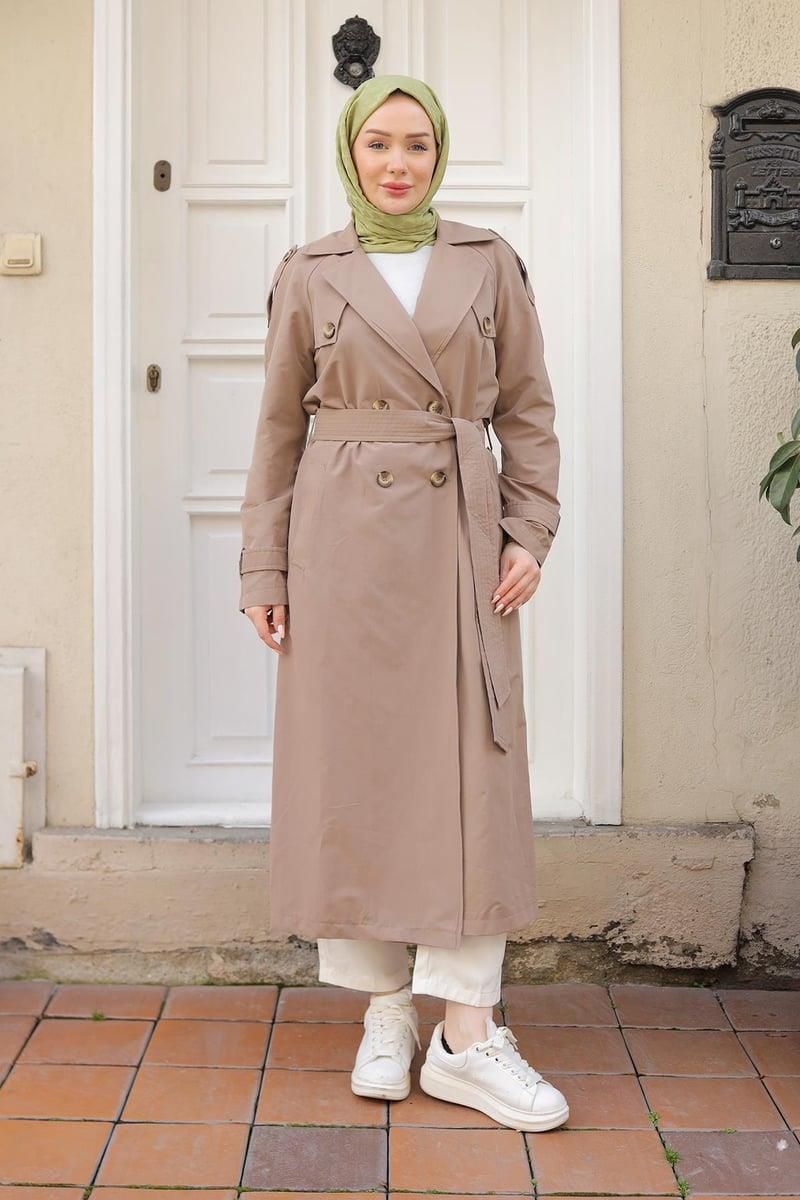 ARMİNE TREND Kruvaze Kapamalı Düğmeli Belden Kuşaklı Kap Bej 26YT707