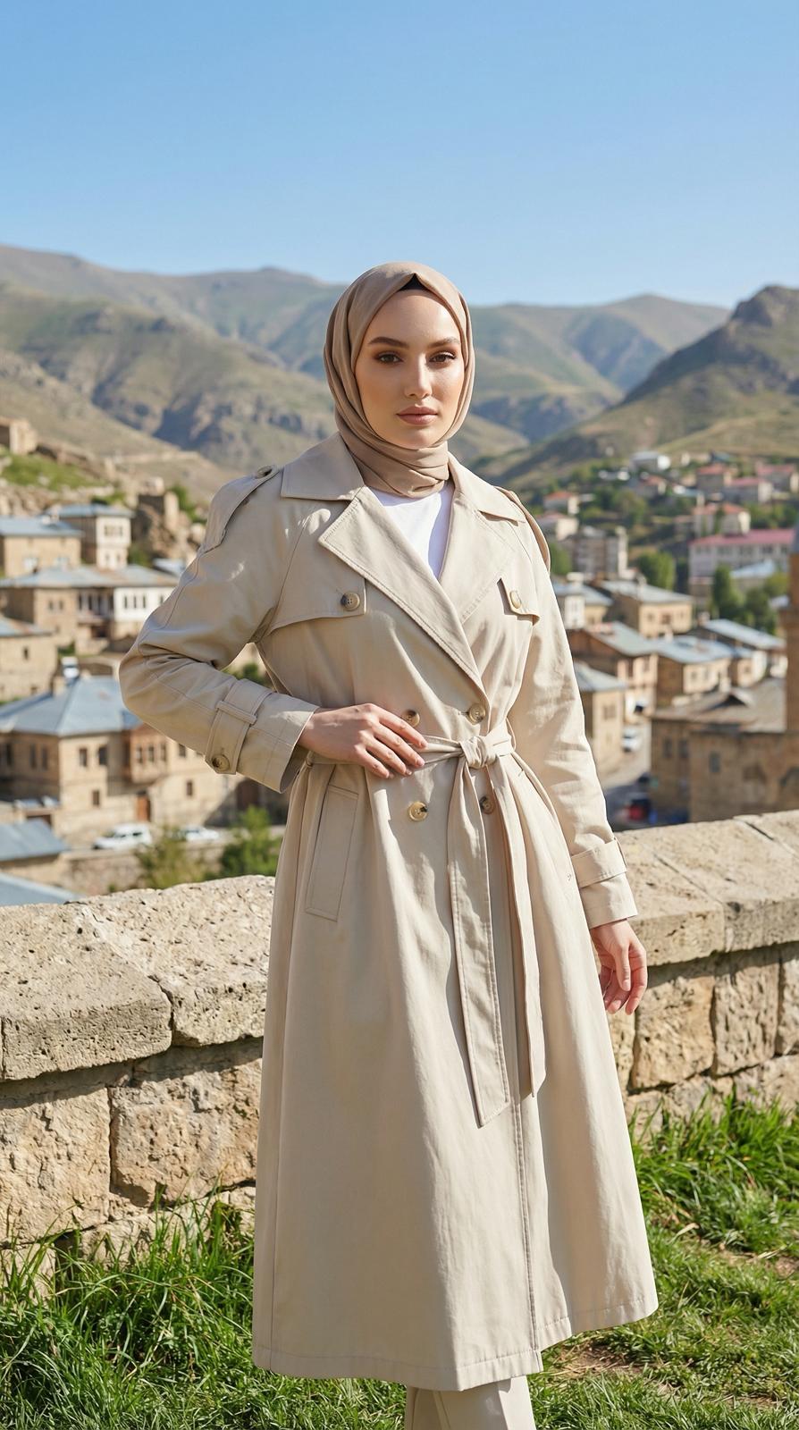 ARMİNE TREND Kruvaze Kapamalı Düğmeli Belden Kuşaklı Kap Taş 26YT707