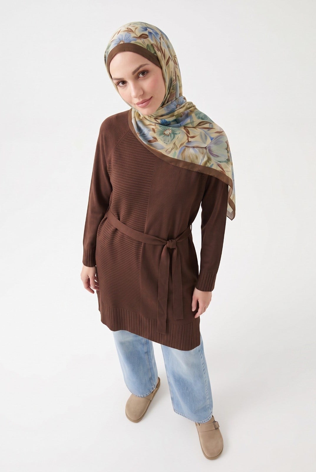 Armine TREND Kuşaklı Çizgili Uzun Triko Tunik Kahverengi 26ktd410