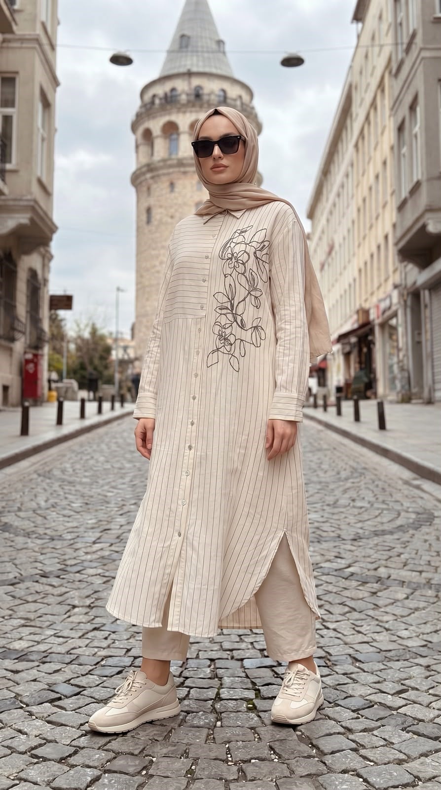 Armine Trend Nakışlı Çizgili Ketenli Uzun Tunik Ekru 26yt440