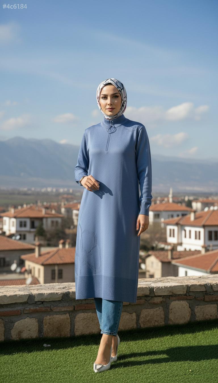 Armine TREND Omuz Desenli Çiçek Baskılı  Yarım Fermuarlı Triko Tunik İndigo 25YTD4111