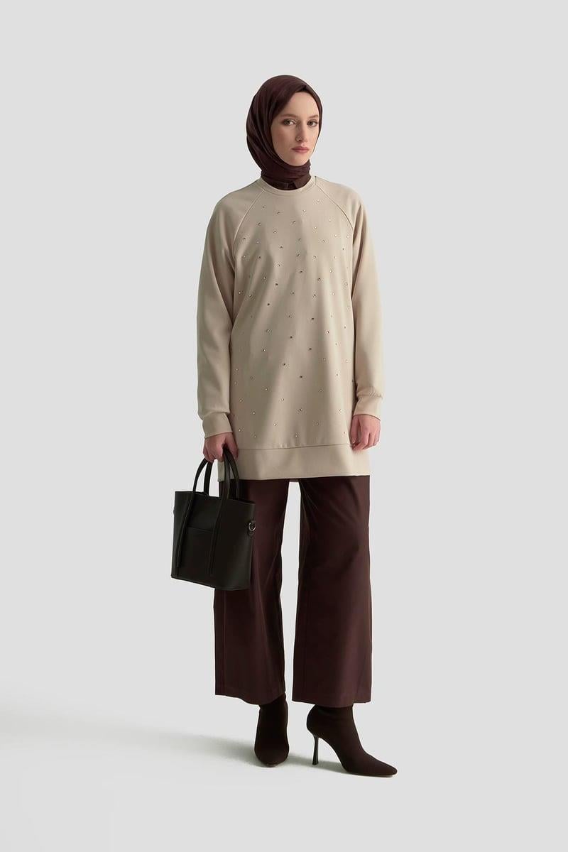 Armine TREND Ön Taş İşlemeli Tunik Bej 25KT449