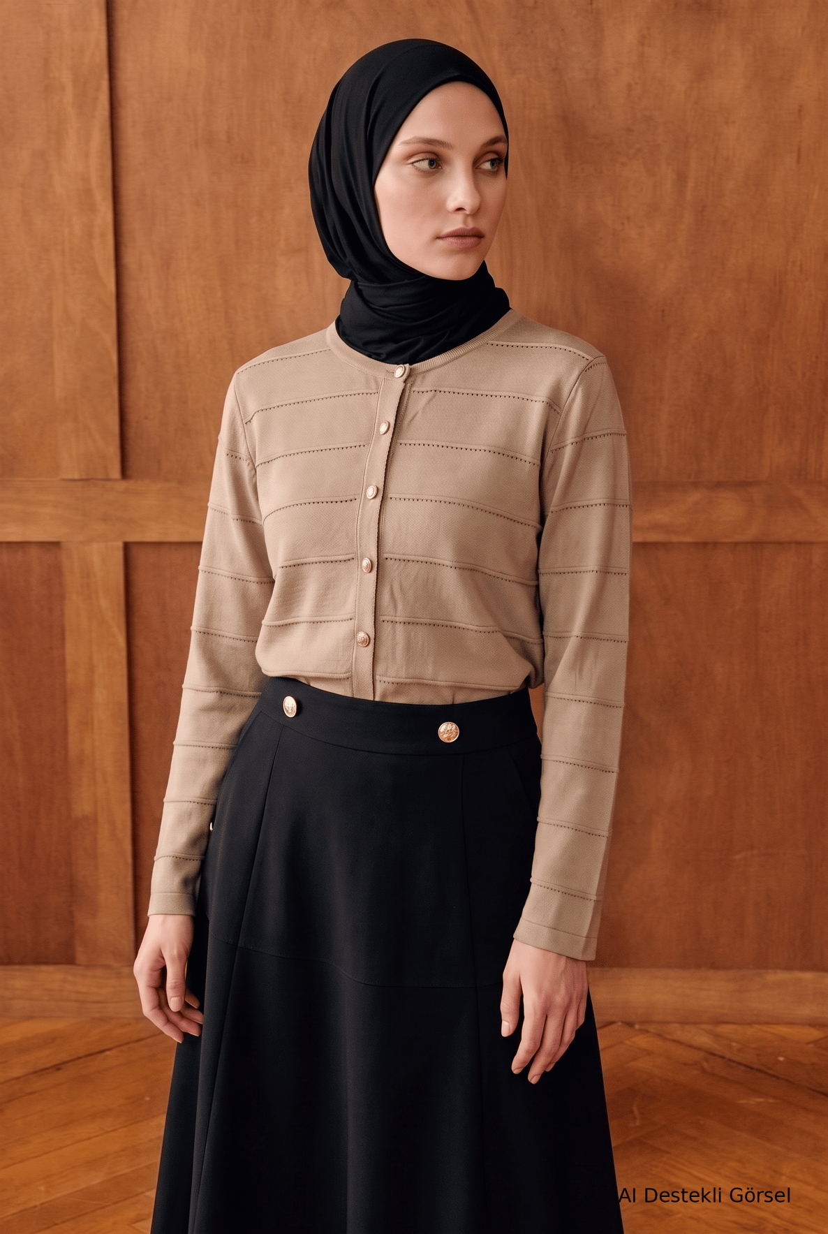 Armine TREND Tam Boy Düğmeli Bisiklet Yaka Yatay Çizgili Hırka 70 Cm Boy Koyu Taş 26KTD505