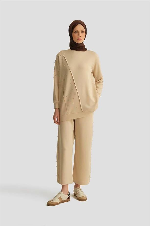 Armine Trend Taş Detaylı Pantolonlu İkili Oysho Takım Bej 25YT637