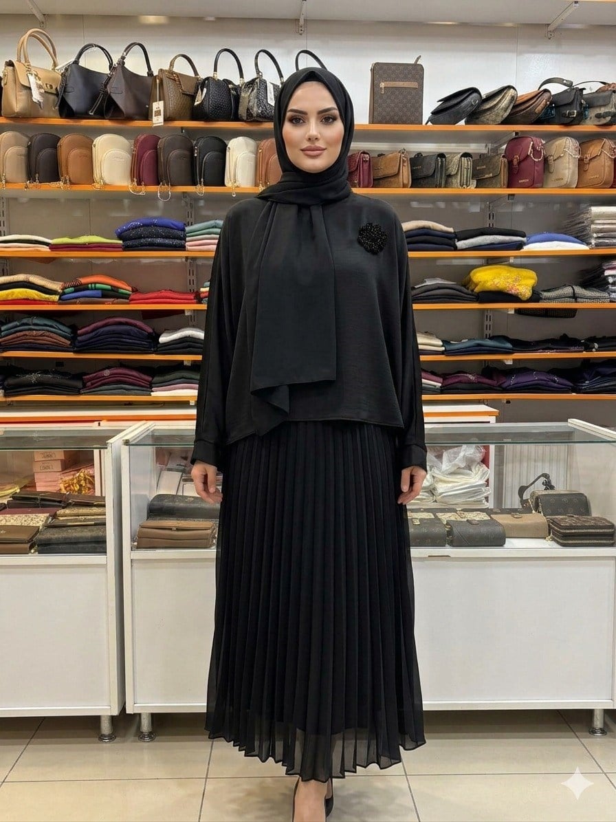 Armine TREND Üst Saten Boncuk İşlemeli Etekli Takım Siyah 26YT655