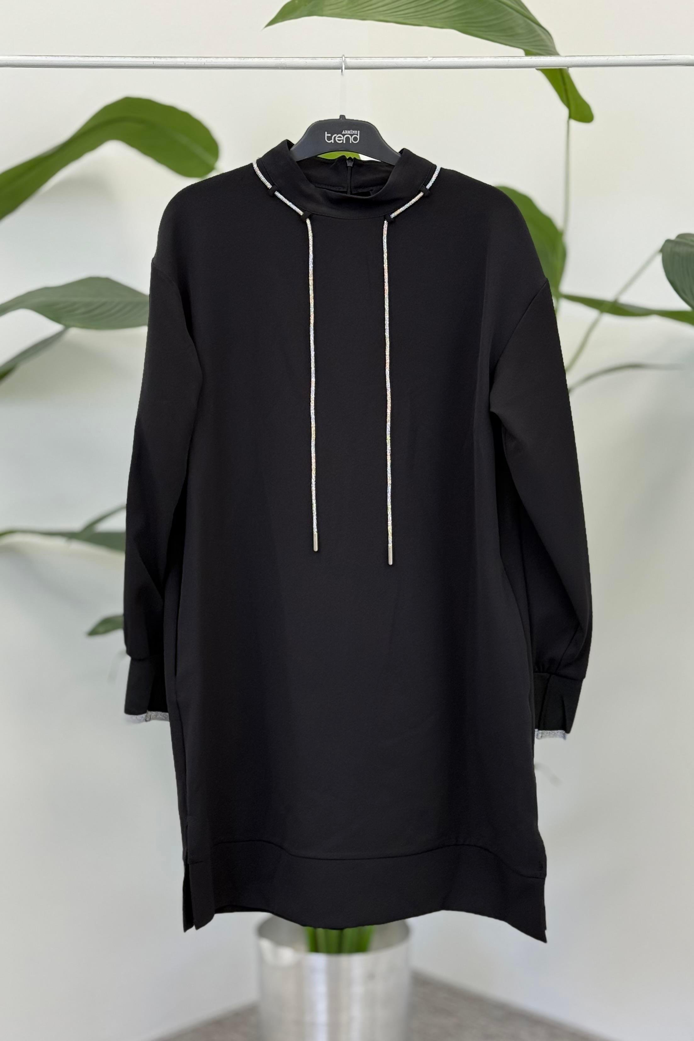 Armine TREND Yaka İp Detay 2 İplik Tunik Siyah 25KT436