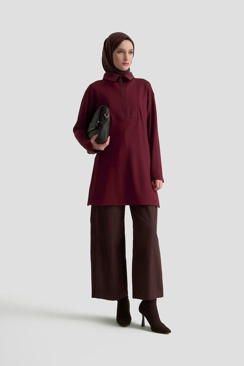 Armine TREND Yaka Taş İşlemeli Yarım Fermuarlı Tunik Mürdüm 25KT406