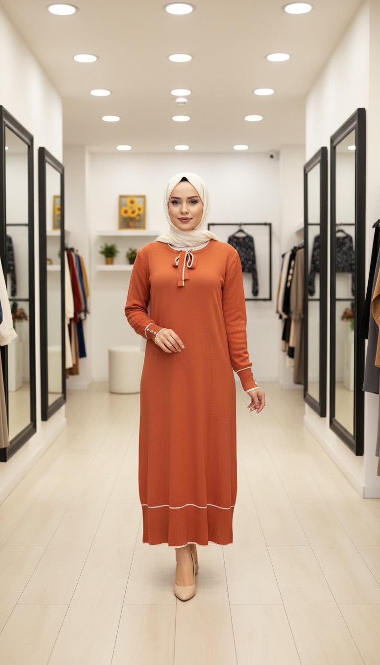 Armine TREND Yakası Bağcık Detaylı Triko Elbise Şeftali 25YTD955