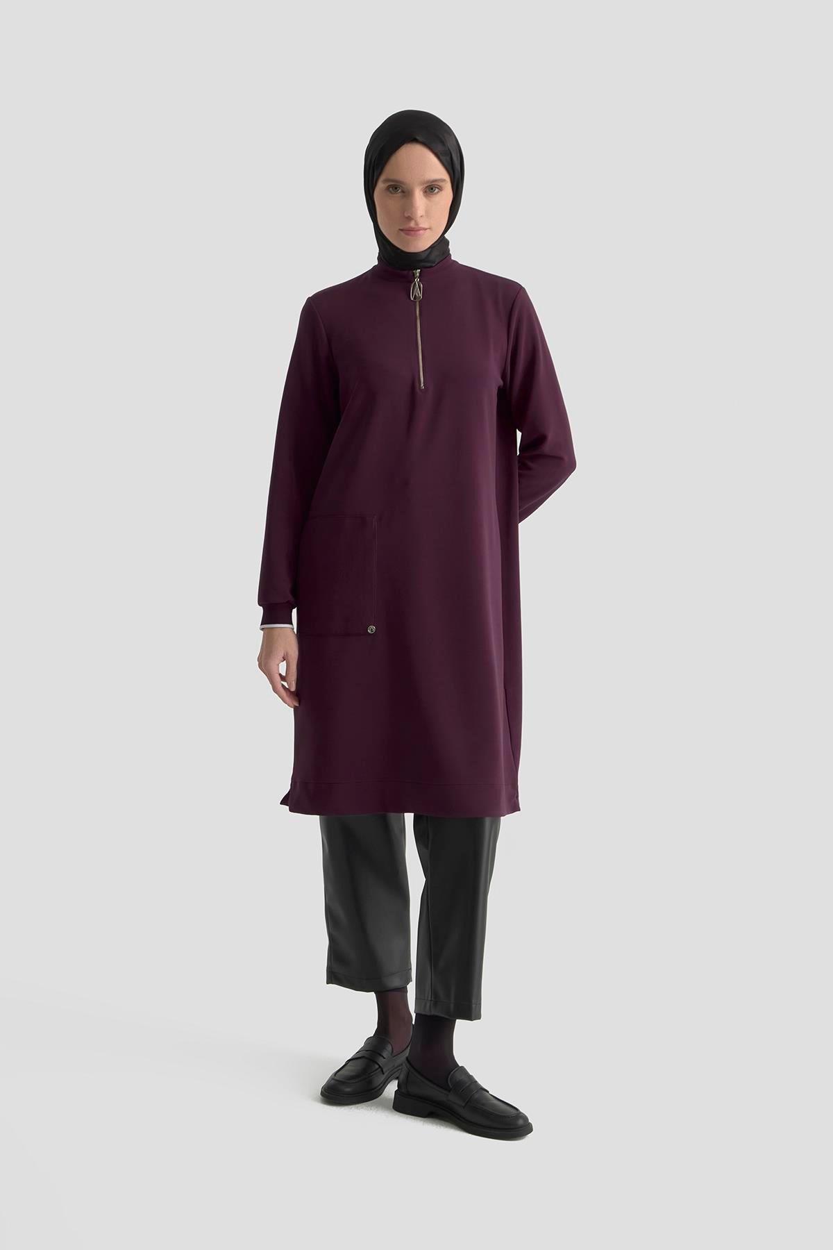 ARMİNE TREND Yakası Fermuarlı Kolları Ribanalı Örme Kumaş Tunik Bordo 25KT443
