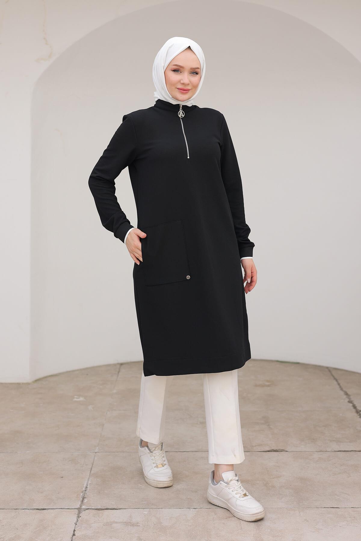 ARMİNE TREND Yakası Fermuarlı Kolları Ribanalı Örme Kumaş Tunik Siyah 24KT453