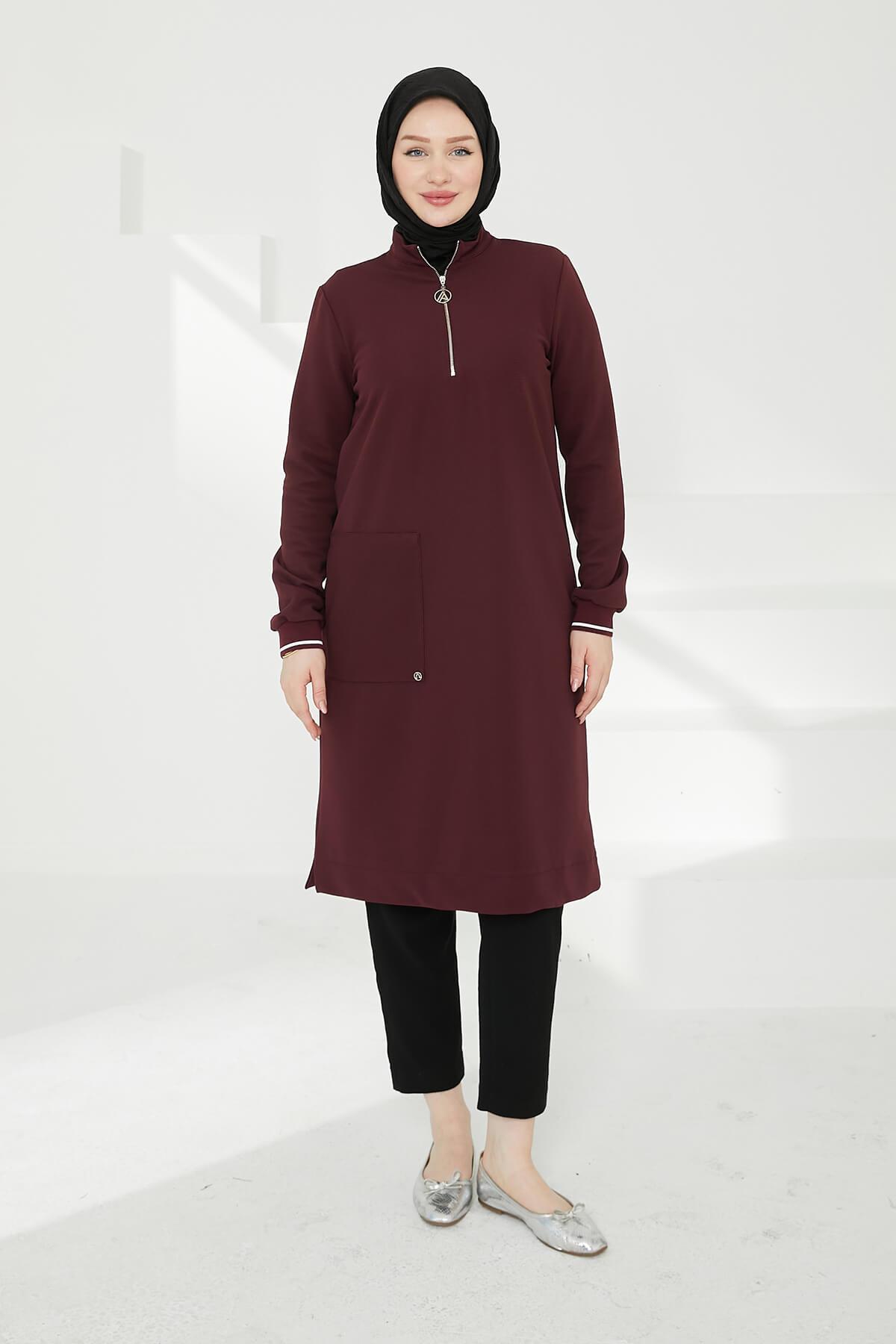 ARMİNE TREND Yakası Fermuarlı Kolları Ribanalı Örme Kumaş Tunik Bordo 24KT453
