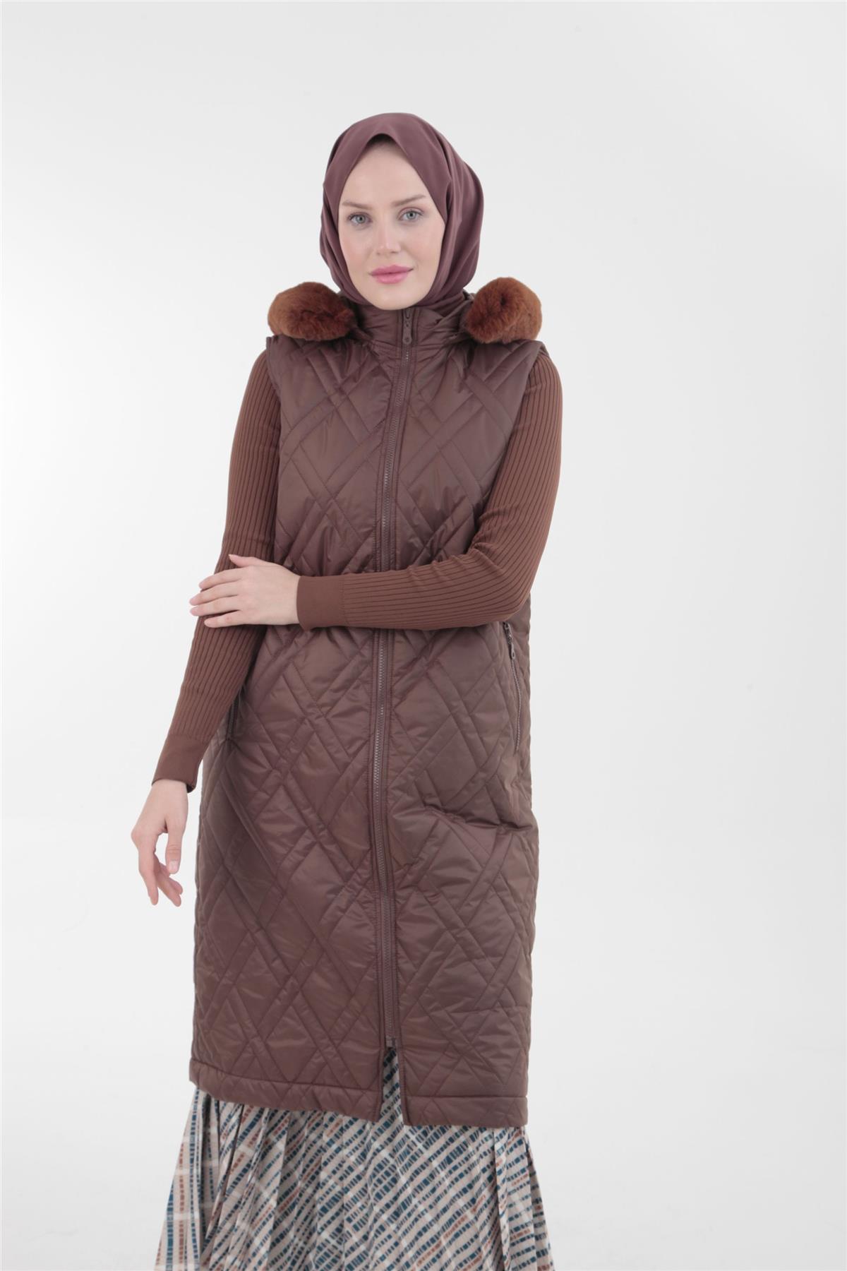 Armine Trend Yakası Kürklü Yelek 23KT507 Taba
