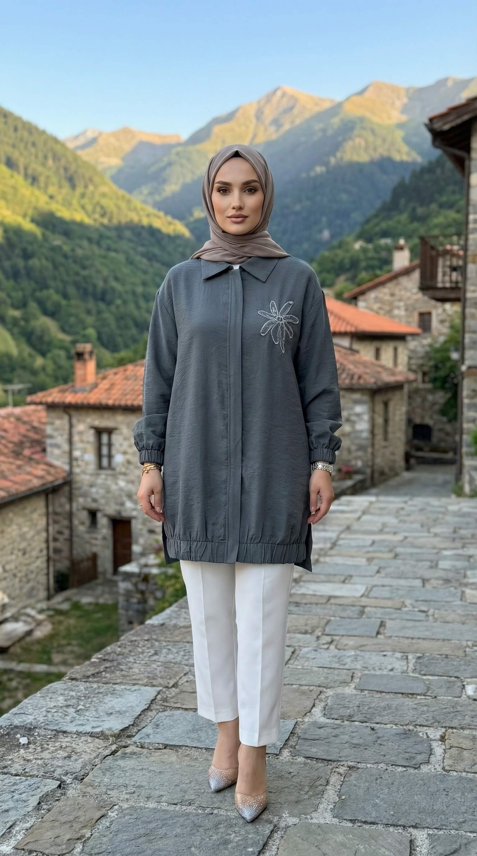Armine TREND Yakası Palmiye İşlemeli  Fermuarlı Tunik Petrol 26YT405