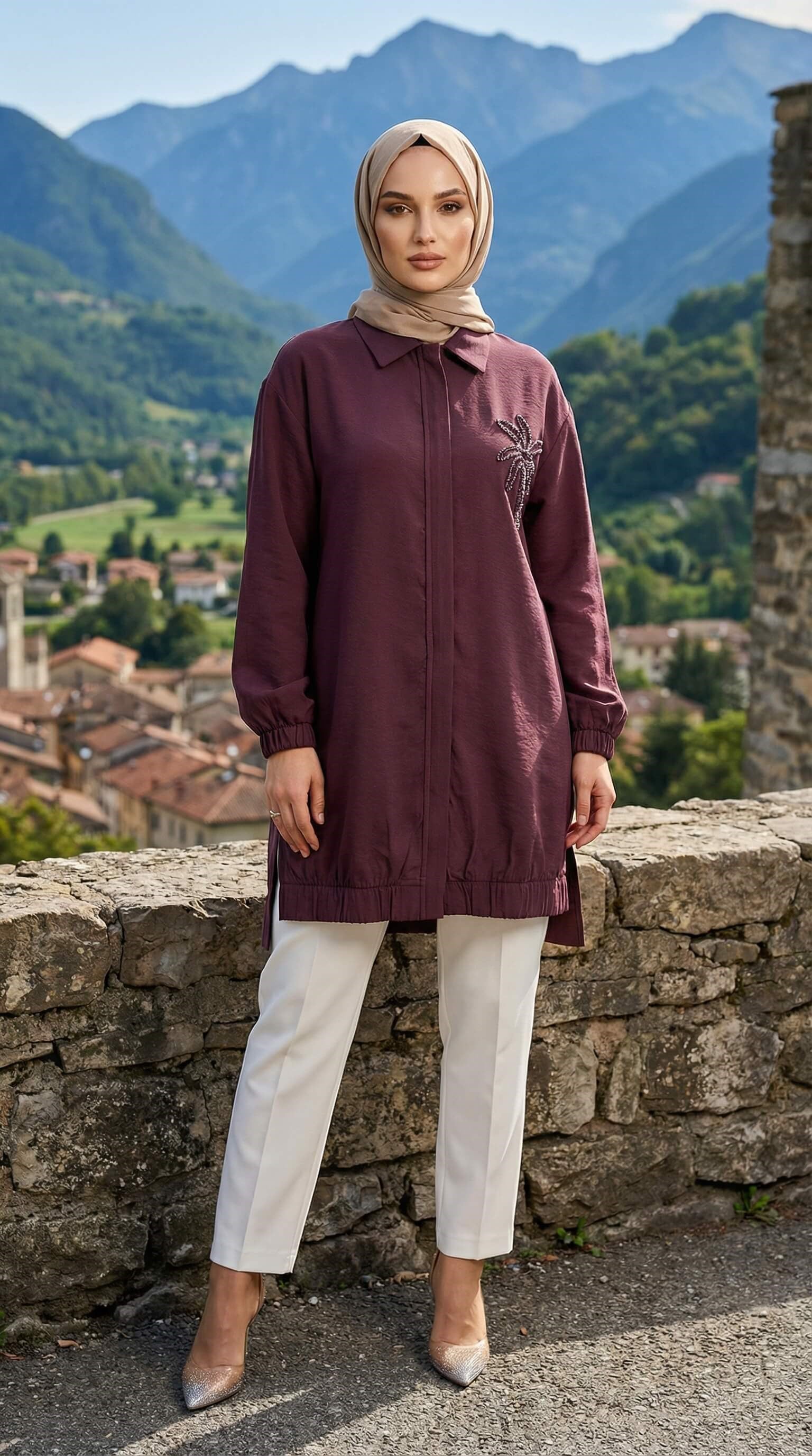 Armine TREND Yakası Palmiye İşlemeli  Fermuarlı Tunik Bordo 26YT405
