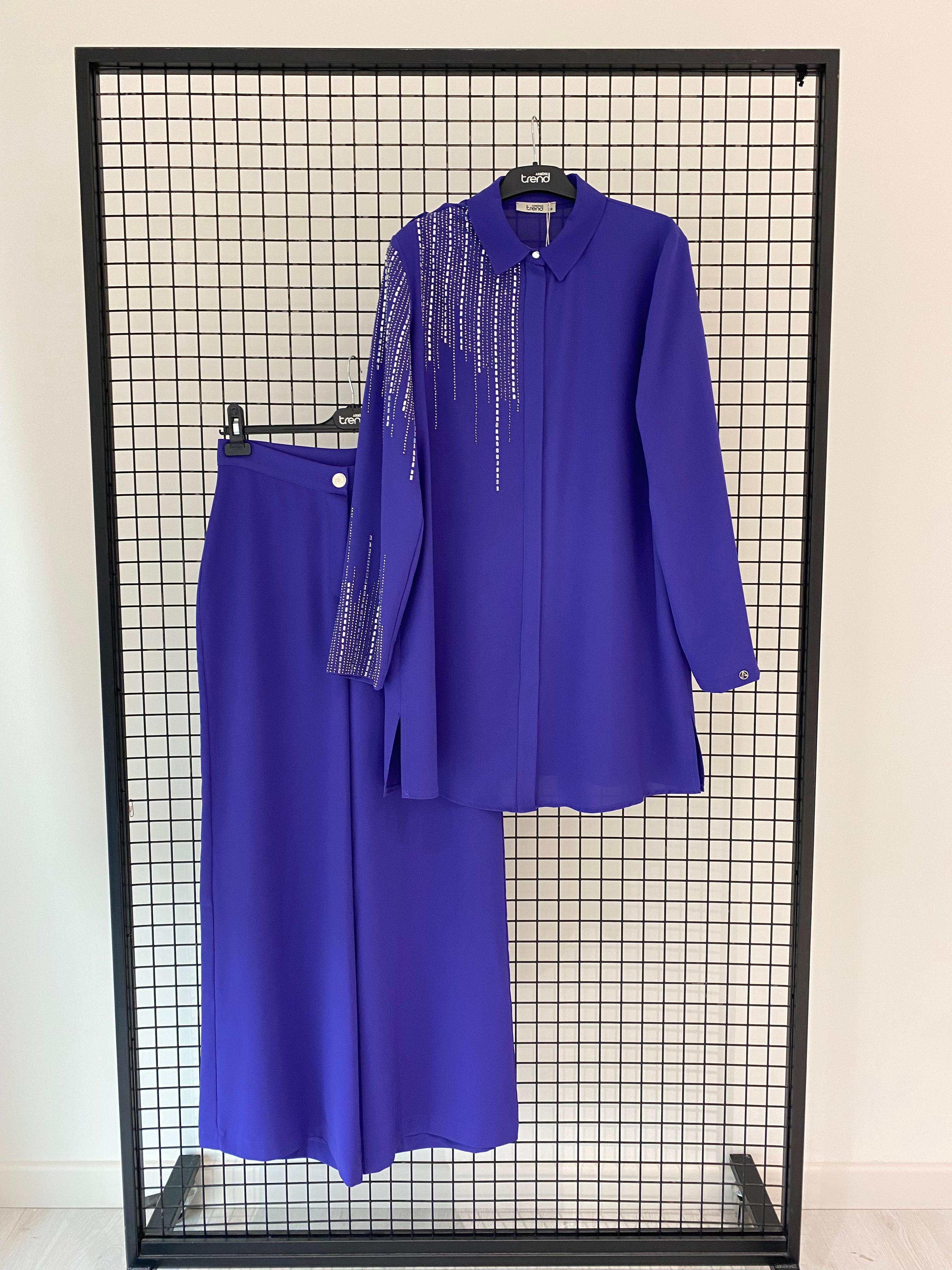 Armine TREND Yandan Taşlı Bayan Pantolonlu Takım Morcivert 25YT602