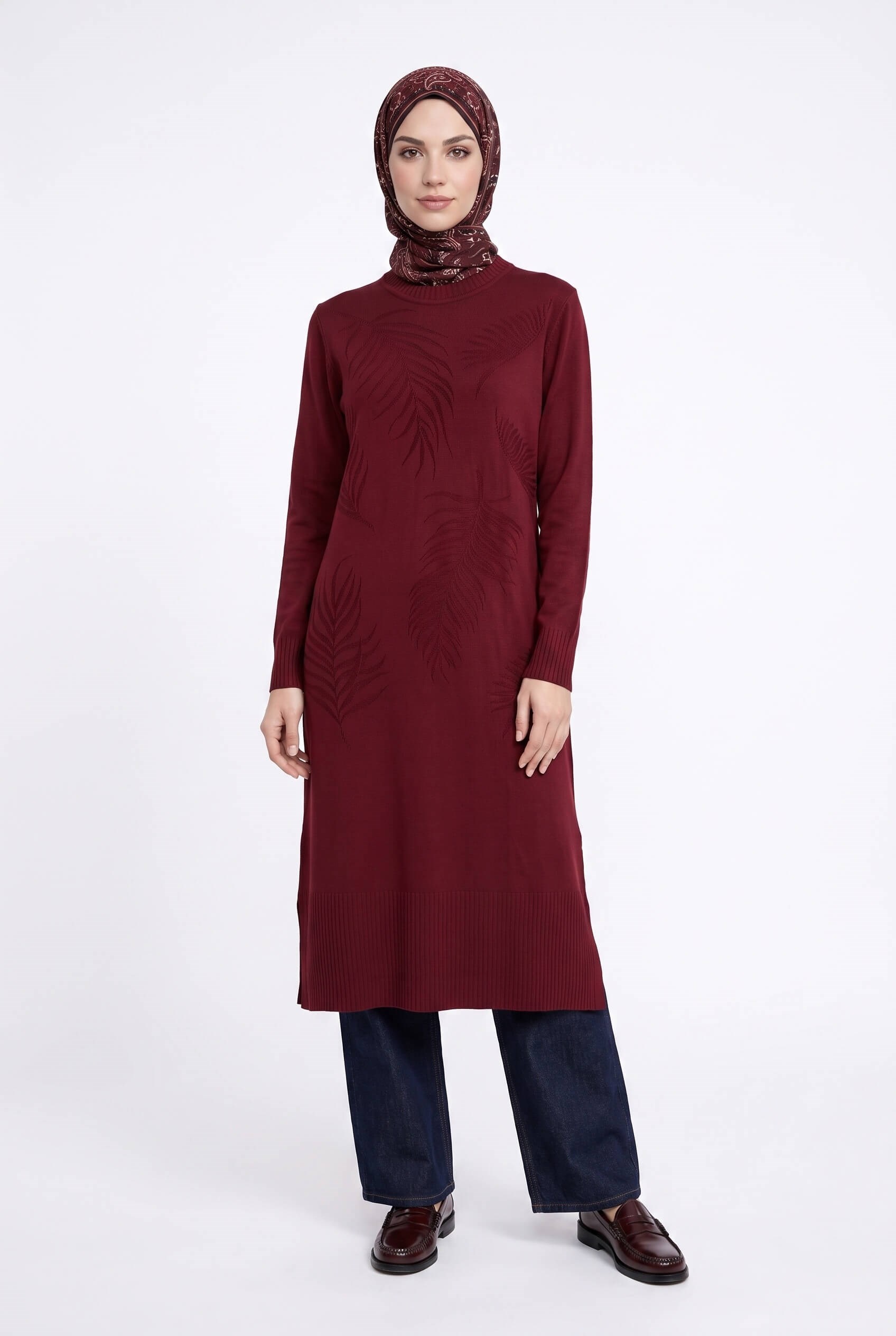 Armine TREND Yaprak Desenli Uzun Triko Tunik Bordo 26KTD408