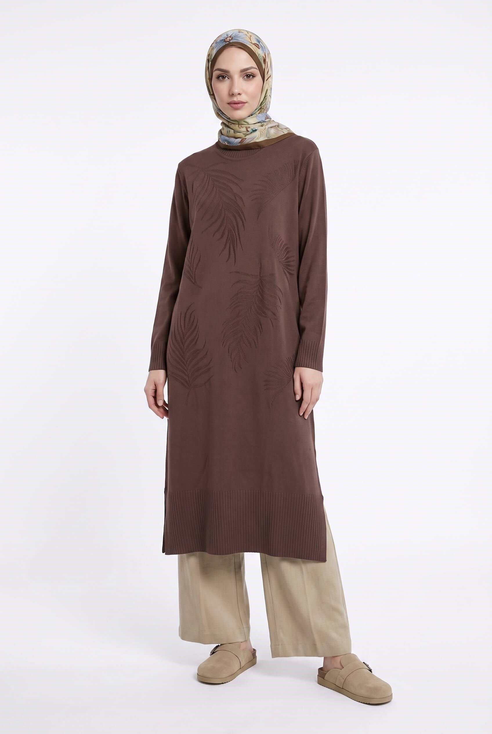 Armine TREND Yaprak Desenli Uzun Triko Tunik Mocha 26KTD408