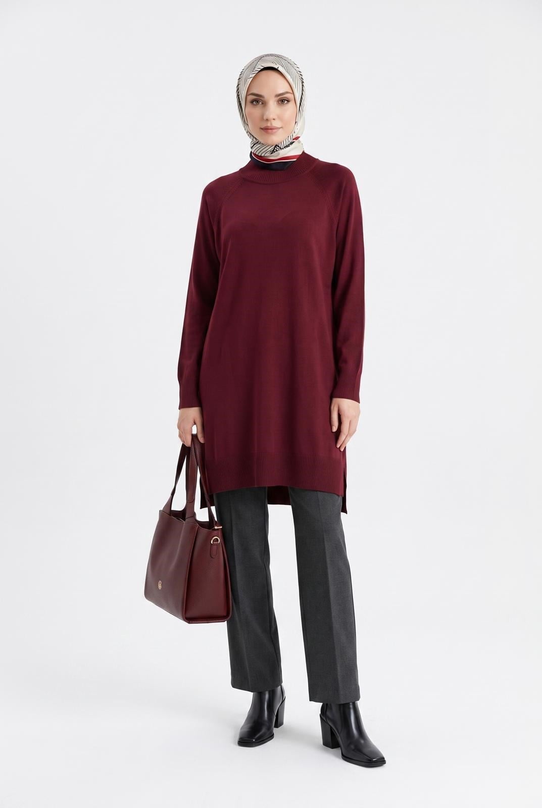 Armine TREND Yarım Balıkçı Düz Triko Tunik Bordo 26KTD41