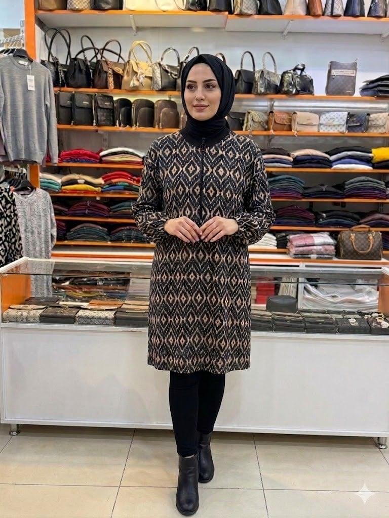 Armine TREND  Yarım Fermuarlı Baskı Desenli Tunik Kahverengi 26YT473