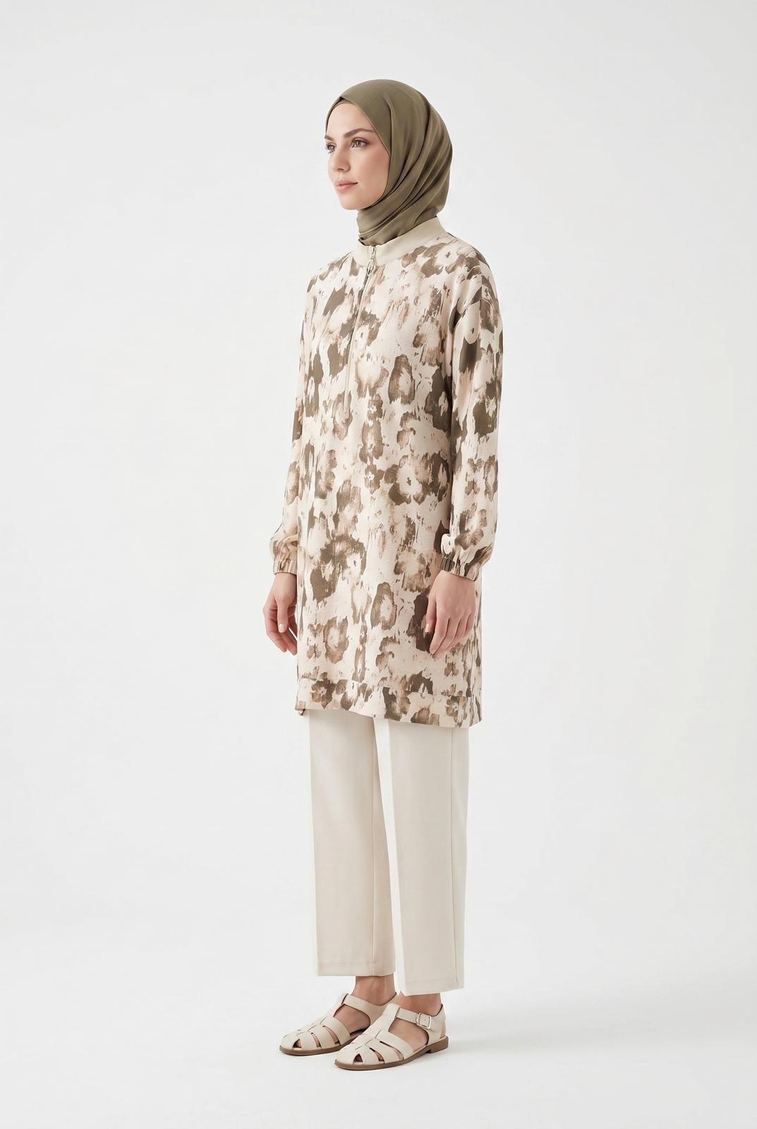 Armine TREND Yarım Fermuarlı Baskı Desenli Tunik Ekru 26YT473