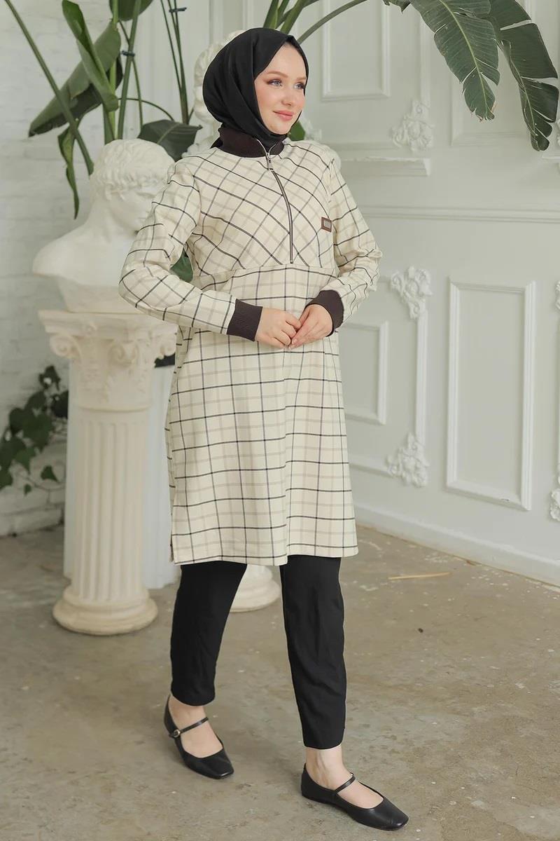 ARMİNE TREND Yarım Fermuarlı Kolları Ribanalı Tunik Bej 24KT416