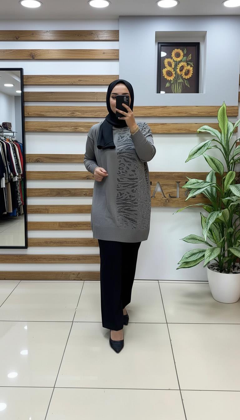 Armine TREND Zebra Desen Triko Tunik Gri 25KTD4116