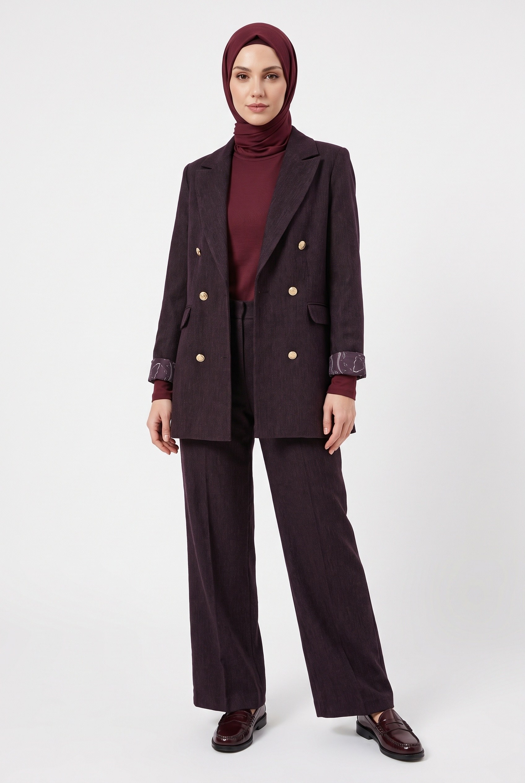 Avenna Desenli Astar Detaylı Kruvaze Blazer Takım Mürdüm 26Ka641