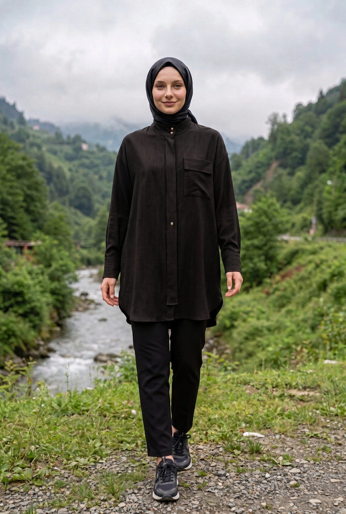 Avenna Hakim Yaka Pat Detaylı Çizgili Tunik Kahverengi 26kt434