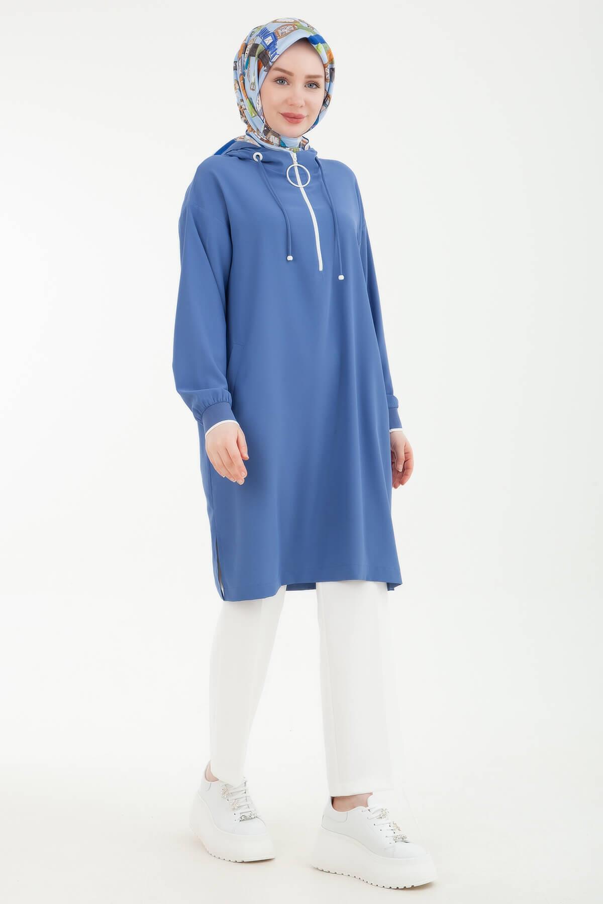 ARMİNE TREND Kapüşonlu Etek Ucları Yırtmaç Detaylı Fermuarlı Tunik İndigo 24YT461