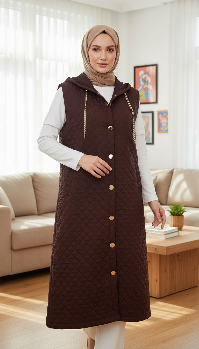 Belli Kapüşonlu Kapitone Yelek Kahverengi 25KD5006