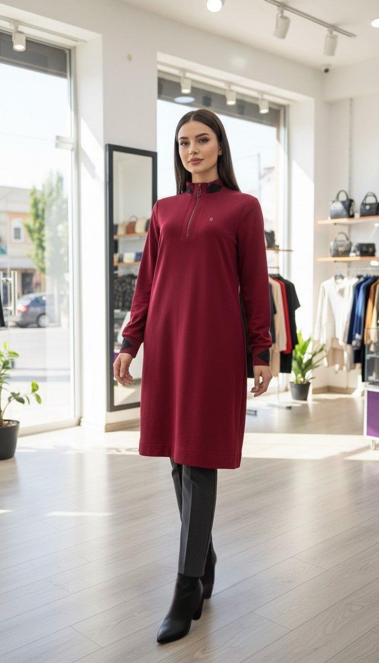 BELLİ Örme Kumaş Tunik Bordo 25KT4008