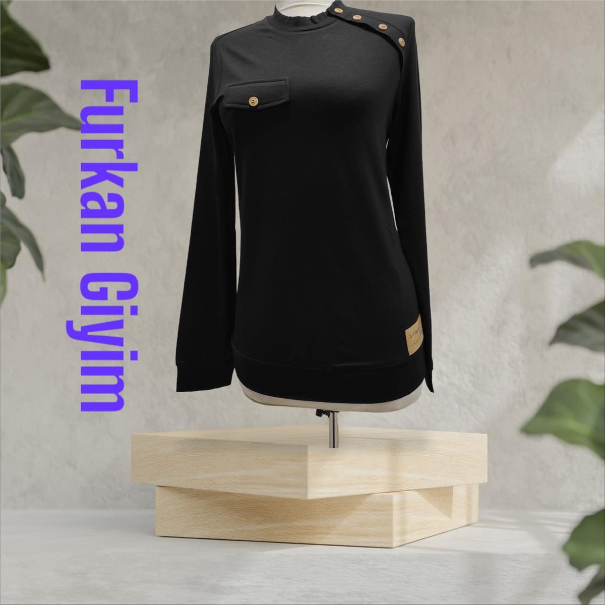 Defrina Ahşap Düğme Detaylı Bluz 11018 Siyah