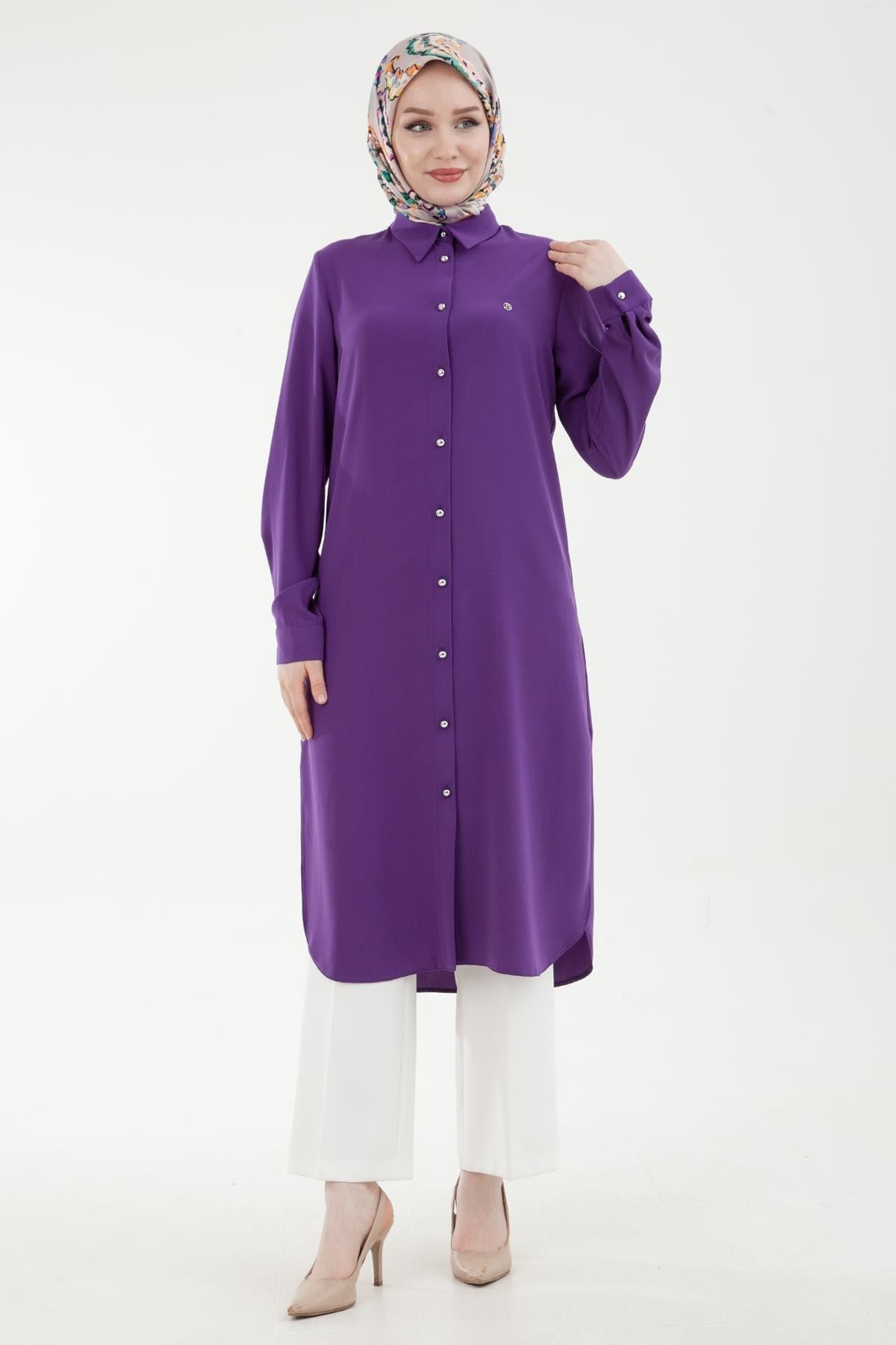 ARMİNE TREND Gömlek Yakalı Kolu Manşetli Düğmeli Tunik Mor 24YT430
