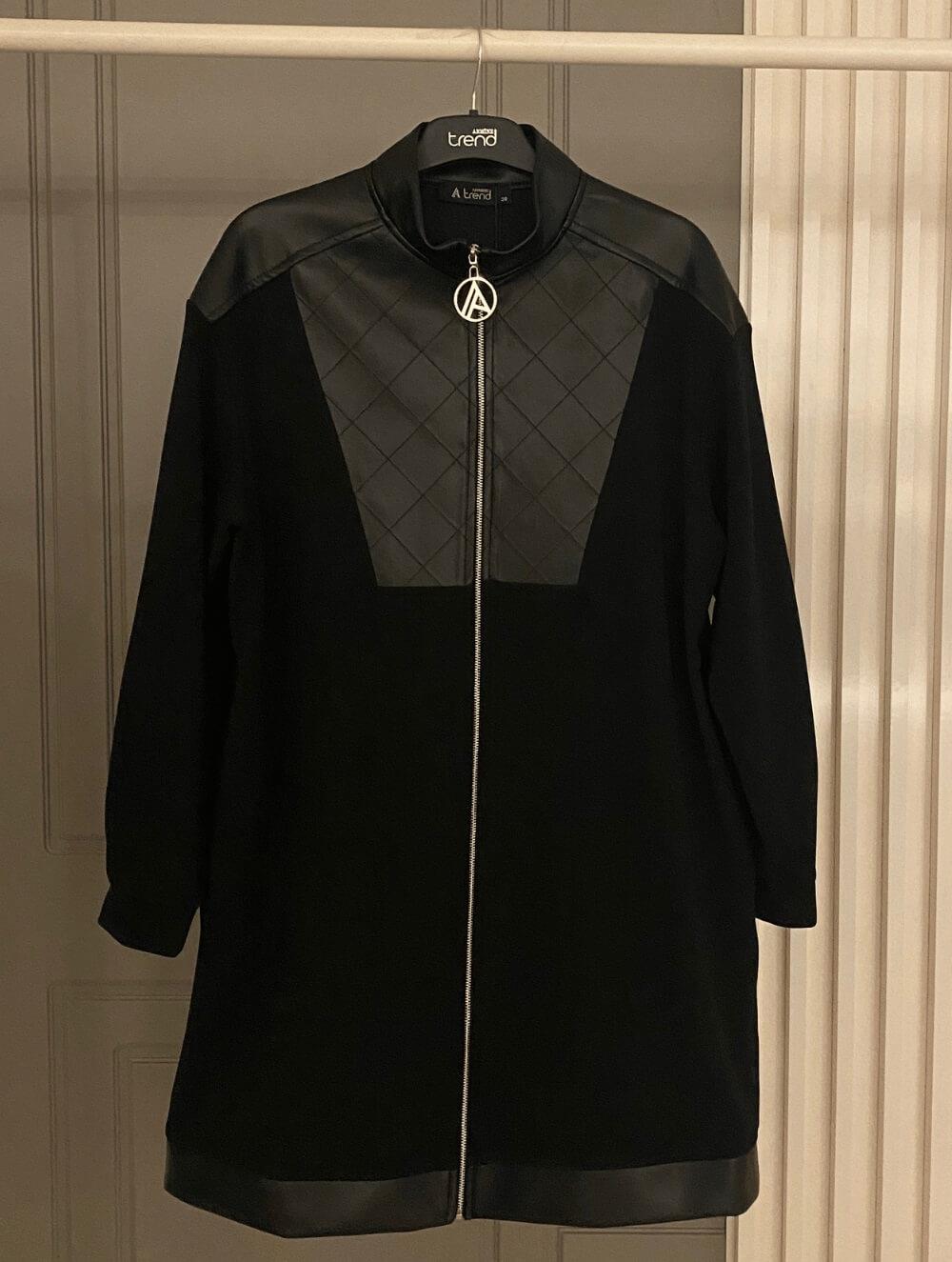Armine TREND Örme Fitilli Kumaş Önden Fermuarlı Deri Detaylı Tunik Siyah 23KT499