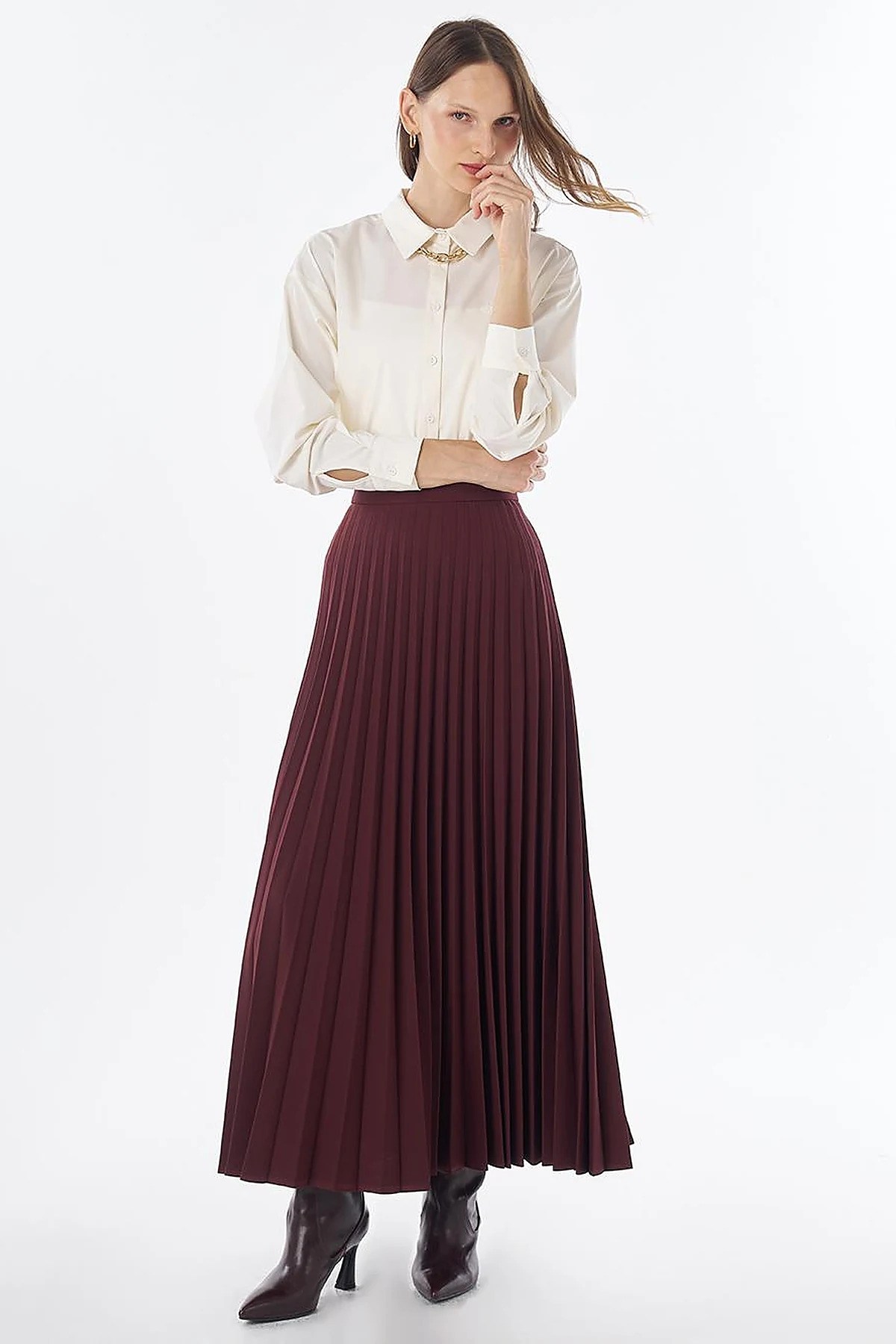 KAYRA Basic Piliseli Etek Bordo KA-SZ-12508