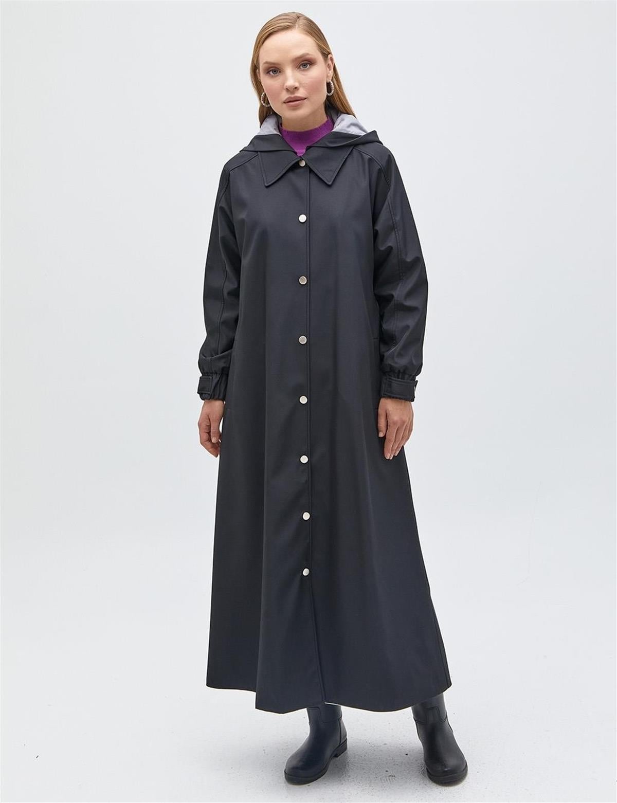 Kayra Kapüşonlu Uzun Pardesü KA-A22-15020 Siyah