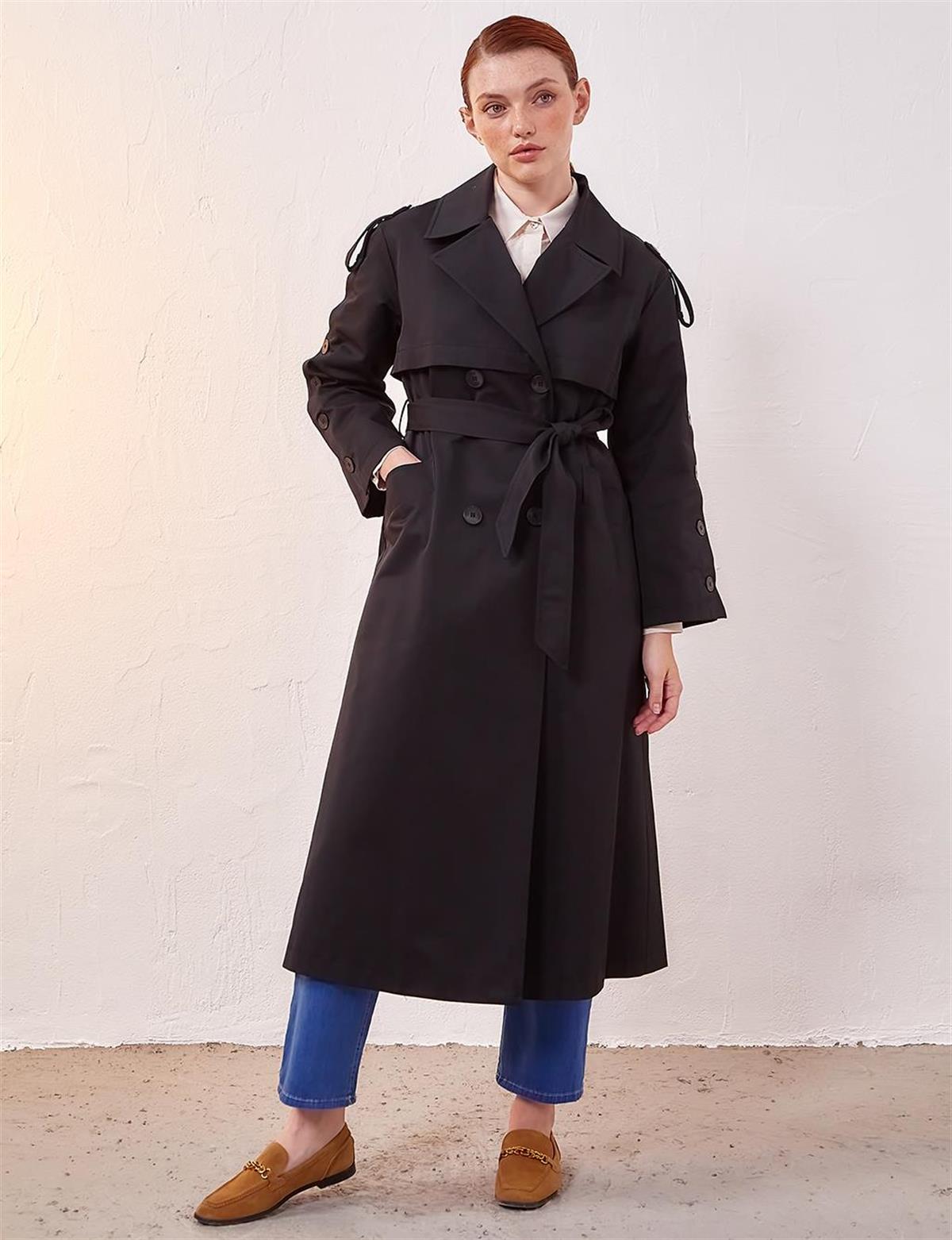 Kayra Kemik Düğmeli Oversize Trençkot Siyah KA-A23-14022