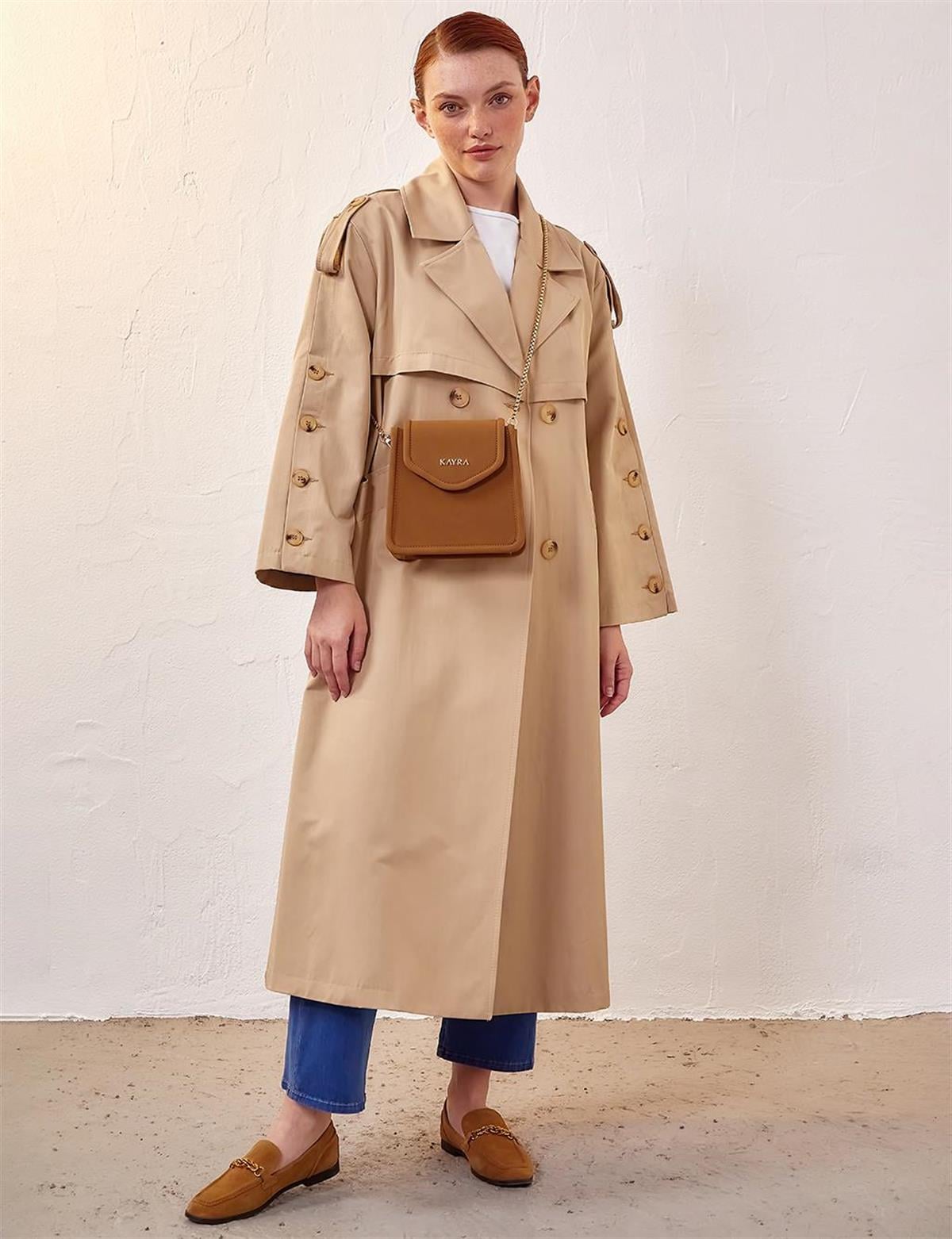 Kayra Kemik Düğmeli Oversize Trençkot Bej KA-A23-14022