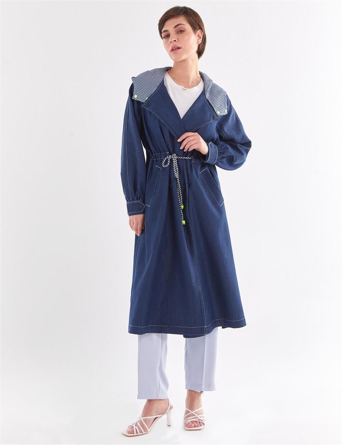 KAYRA Punto Dikişli Denim Trençkot KA-B23-14002 Lacivert