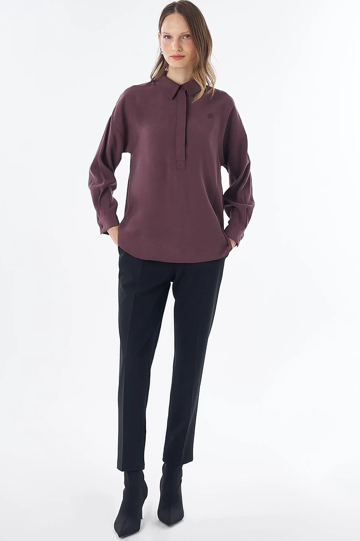 Kayra Yarım Pat Basic Bluz Bordo KA-SZ-10512