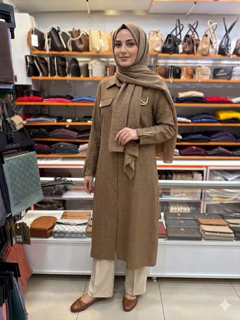 MELİH Cebi Ucu Taşlı Uzun Tunik Kahverengi 4148