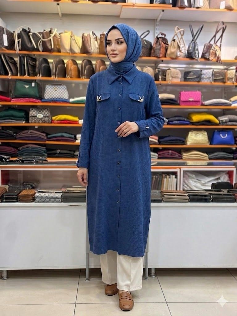 MELİH Cebi UcuTaşlı Uuzun Tunik İndigo 4148