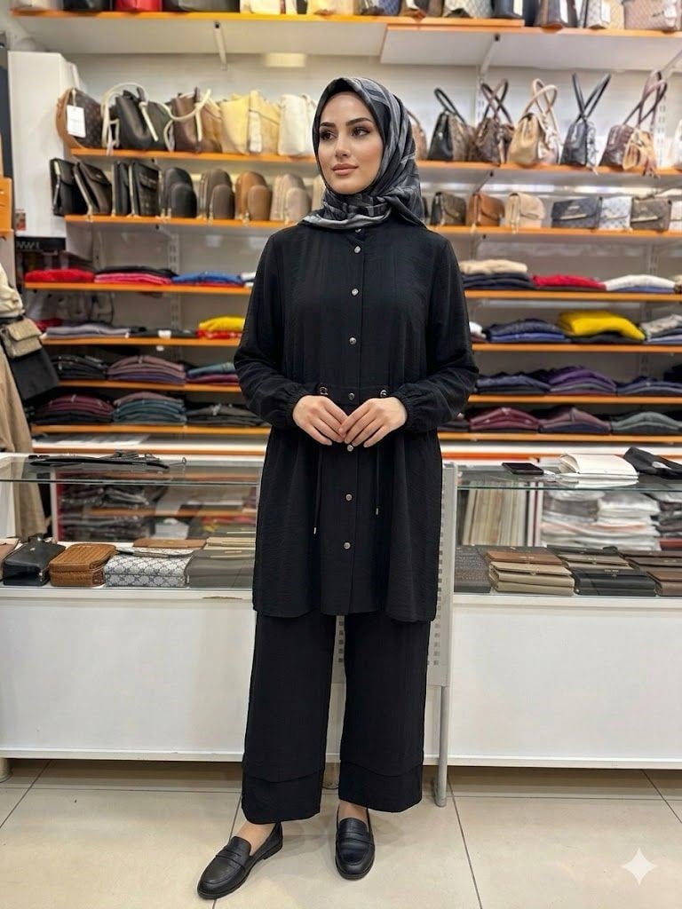 MELİH Tunik Beli Bağcıklı Pantolonlu Bayan Takım Siyah 5174 