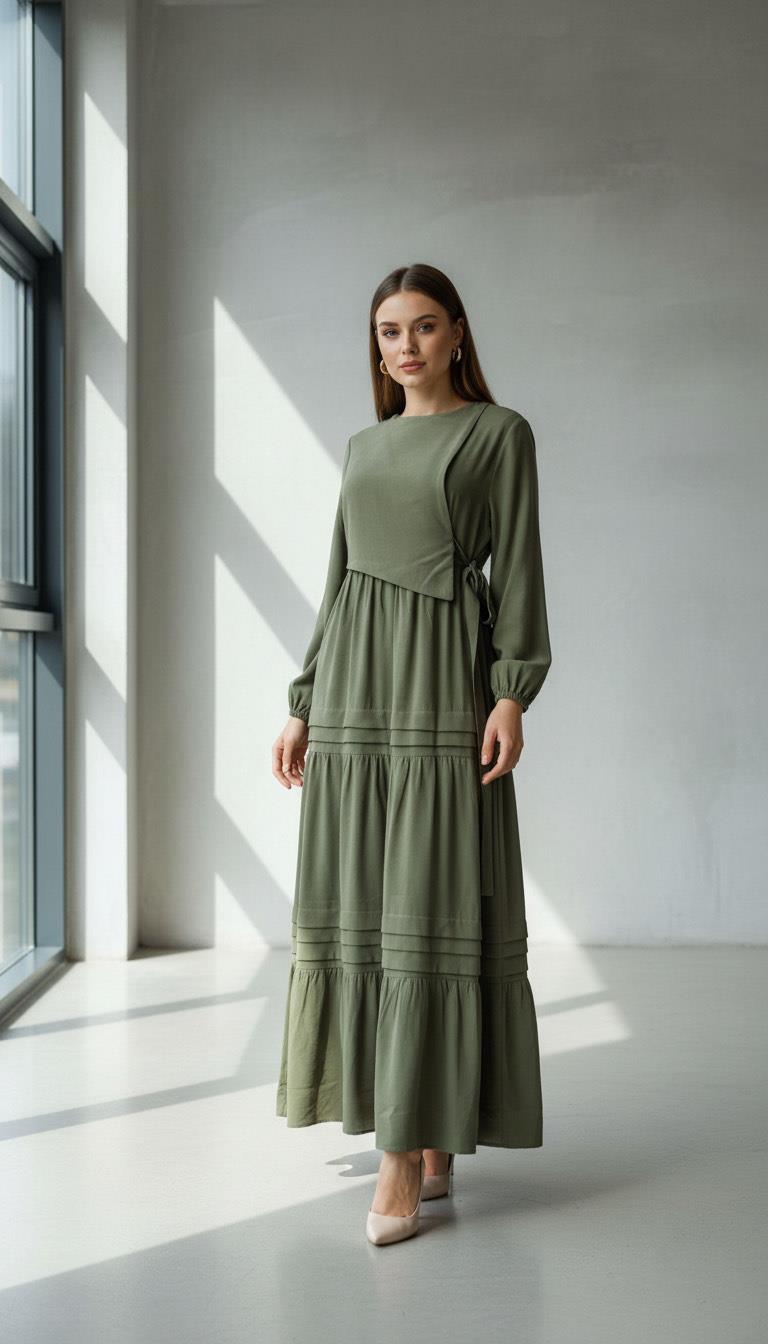 Naqshe Kat Kat Elbise Yeşil