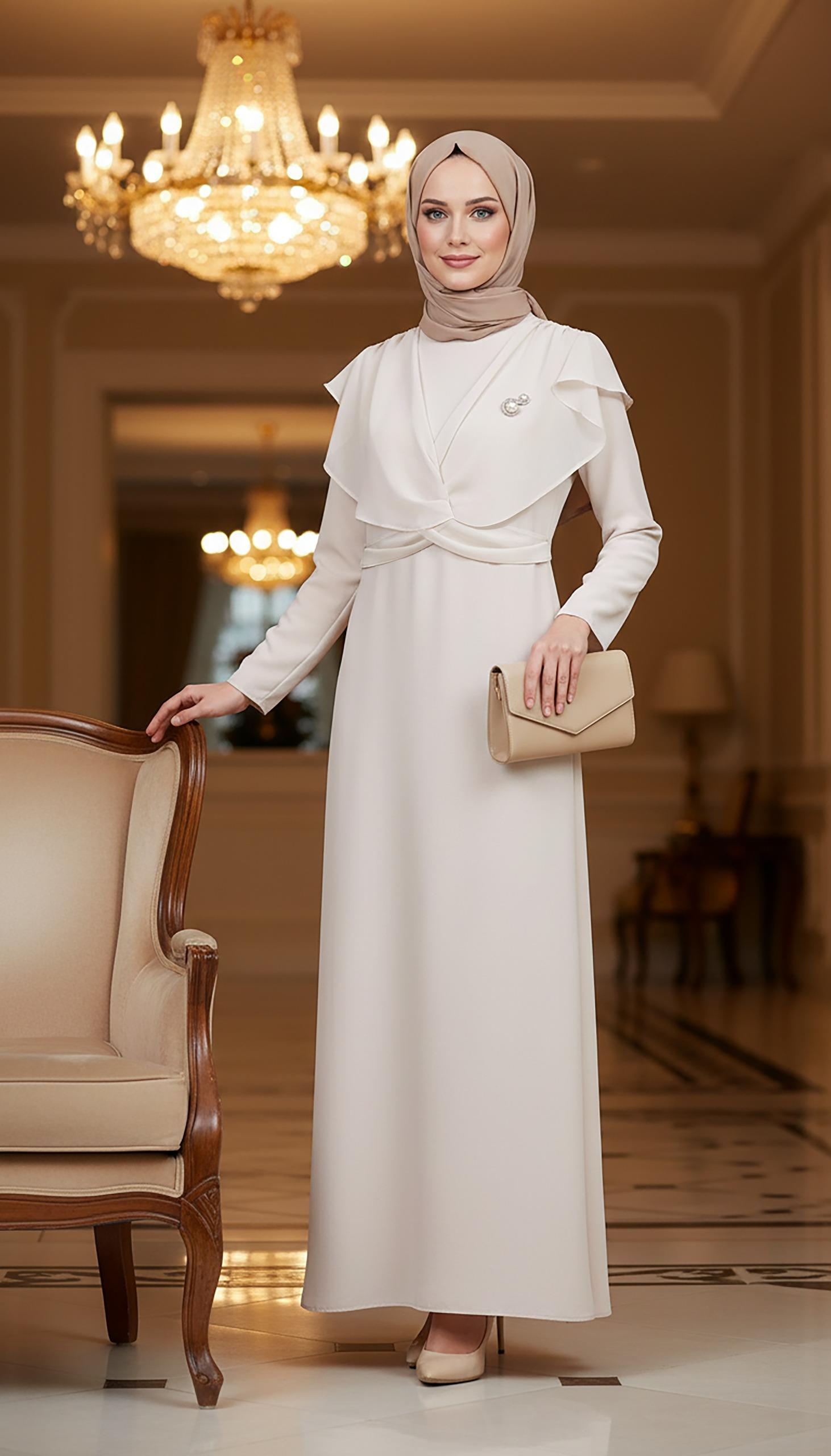 Nihle Broş Detaylı Abiye Elbise Bej