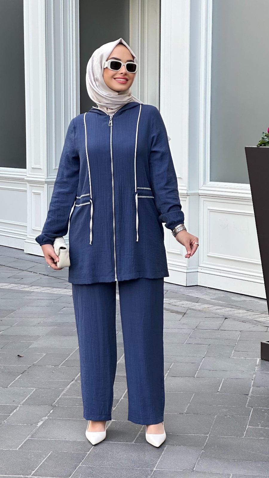 Nihle Ceket Fermuarlı Kapüşonlu  Pantolonlu Spor Bayan Takım Lacivert