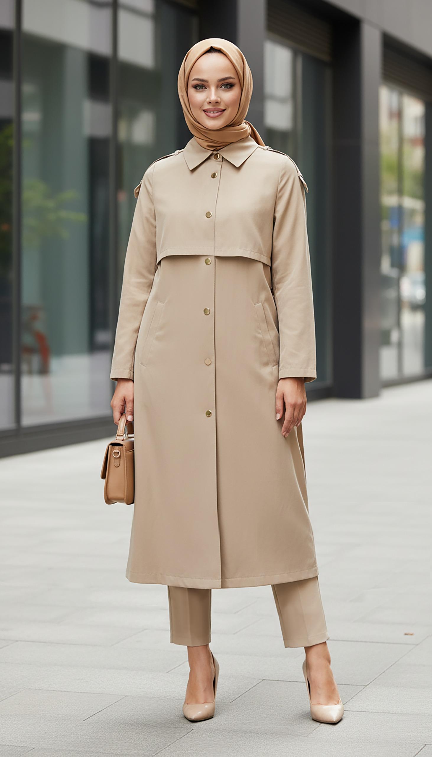 Nihle Düğme ve Apolet Detaylı Bağcıklı Kap Camel