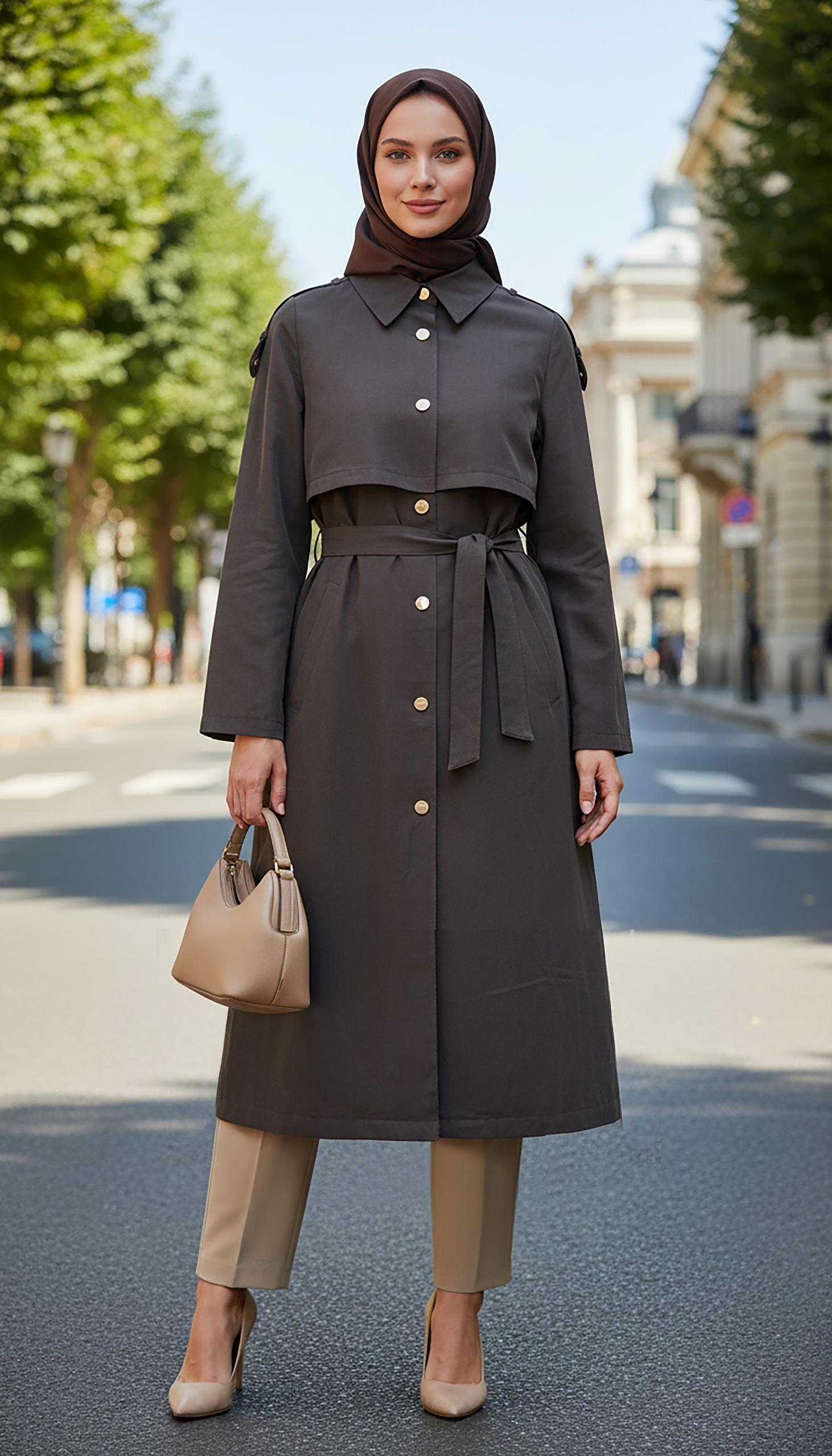 Nihle Düğme ve Apolet Detaylı Bağcıklı Kap Kahverengi