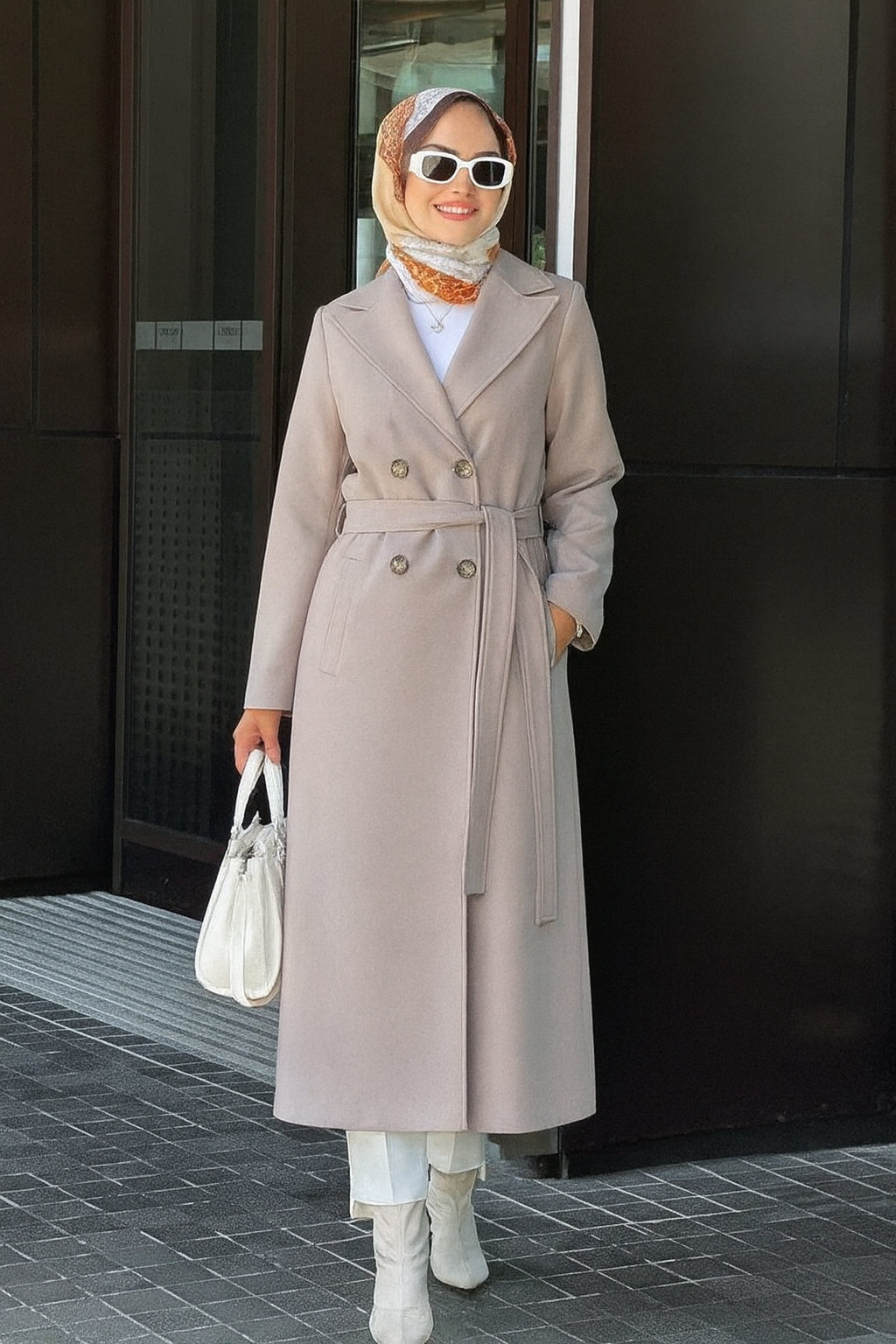 Nihle Önden Düğmeli  Kuşaklı ve Astarlı Bayan Kaşe Kaban Açık Kahve